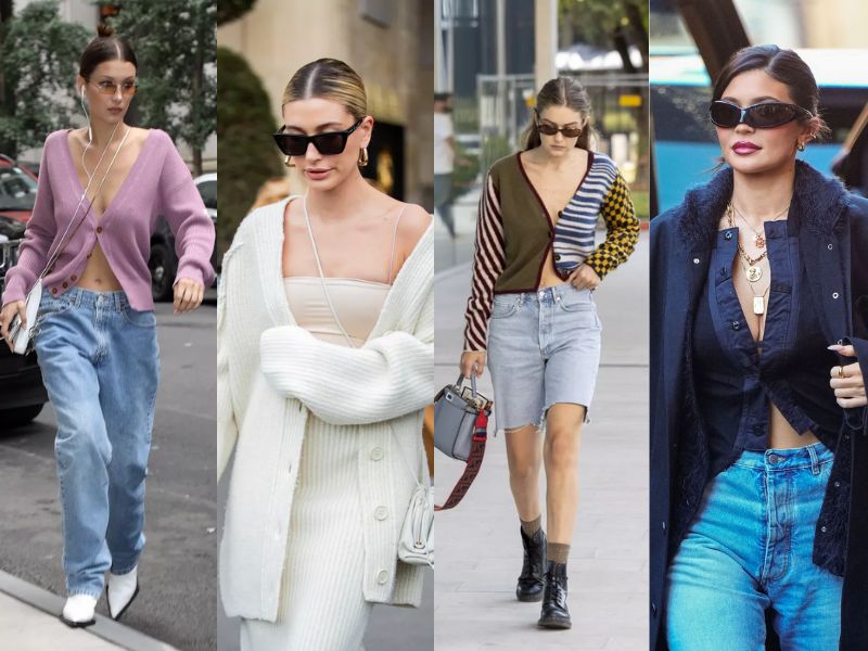 Từ những sao hạng A đến IT girl nổi tiếng, chiếc áo khoác cardigan luôn được ưa chuộng và biến hóa thành đa dạng phong cách khác nhau (thứ tự trong ảnh lần lượt là Bella Hadid, Hailey Bieber, Gigi Hadid và Kylie Jenner).