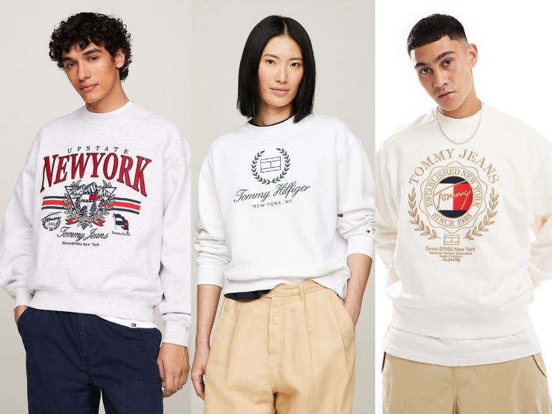 Tommy Hilfiger thêm thắt những yếu tố thương hiệu vào những thiết kế lấy cảm hứng từ University Sweater. Ảnh: Tommy Hilfiger USA, Zalando, ASOS.