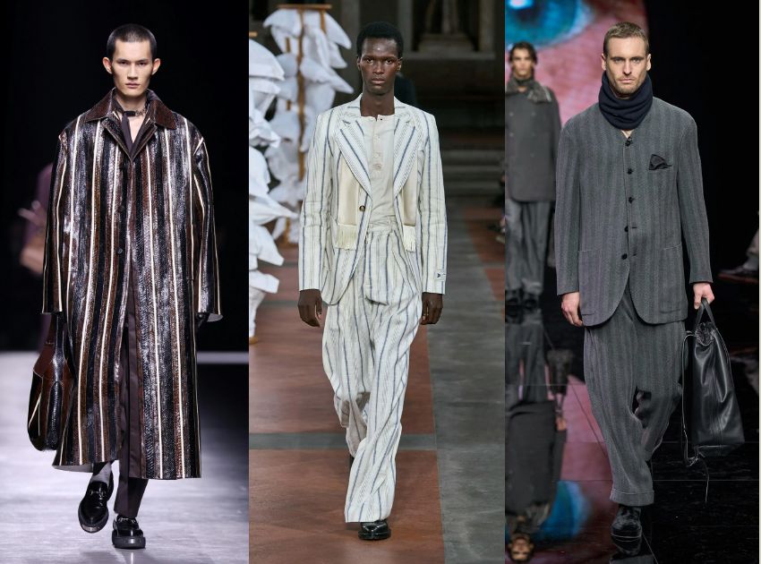 Họa tiết sọc dọc xâm chiếm các sàn runway quốc tế. Ảnh: Gucci, SS Daley, Giorgio Armani/Gorunway.