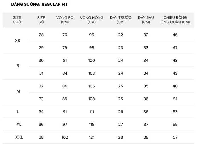 Bảng size Calvin Klein 2
