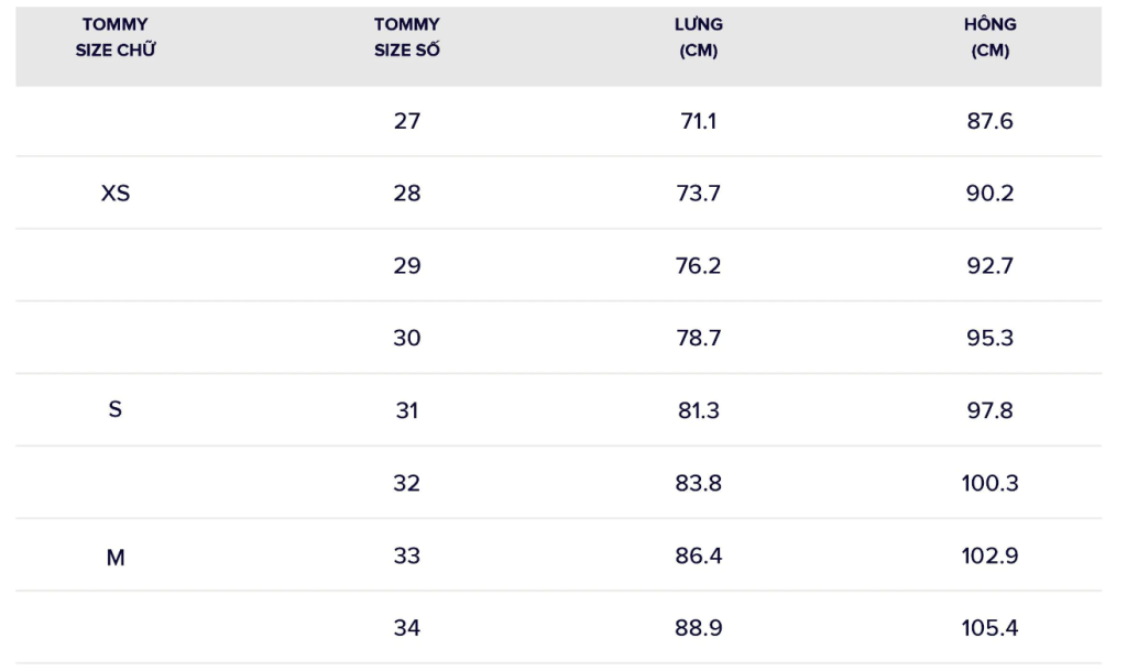 Bảng size Tommy jeans 1